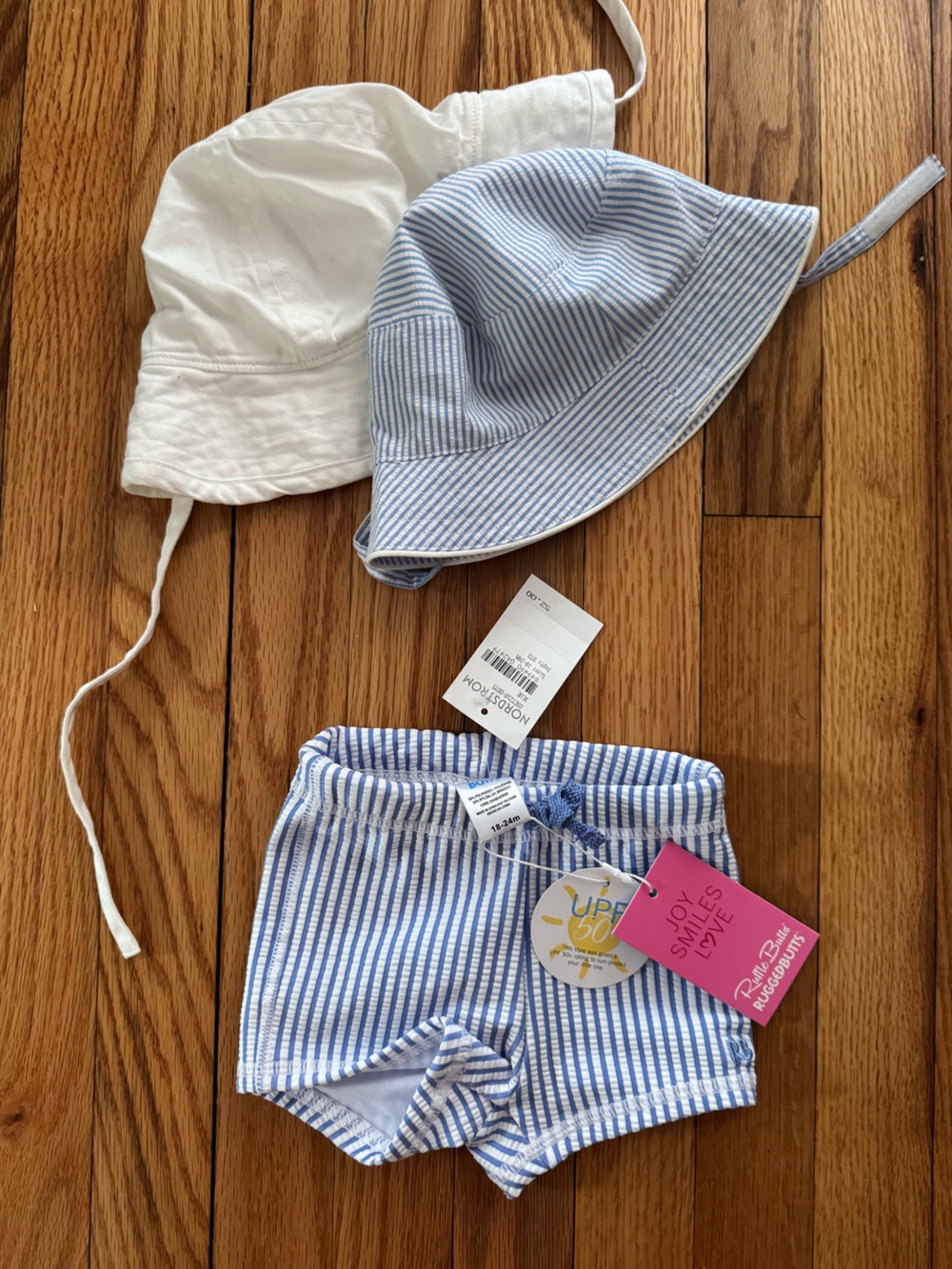 Ruffle Butts Blue and White Striped 18-24 baby boy Swim Trunks with matching Hat